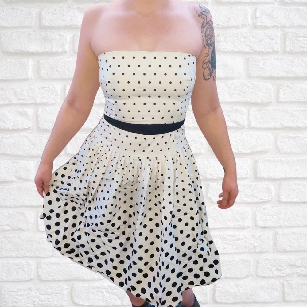 White Vintage Polka Dot Strapless Dress